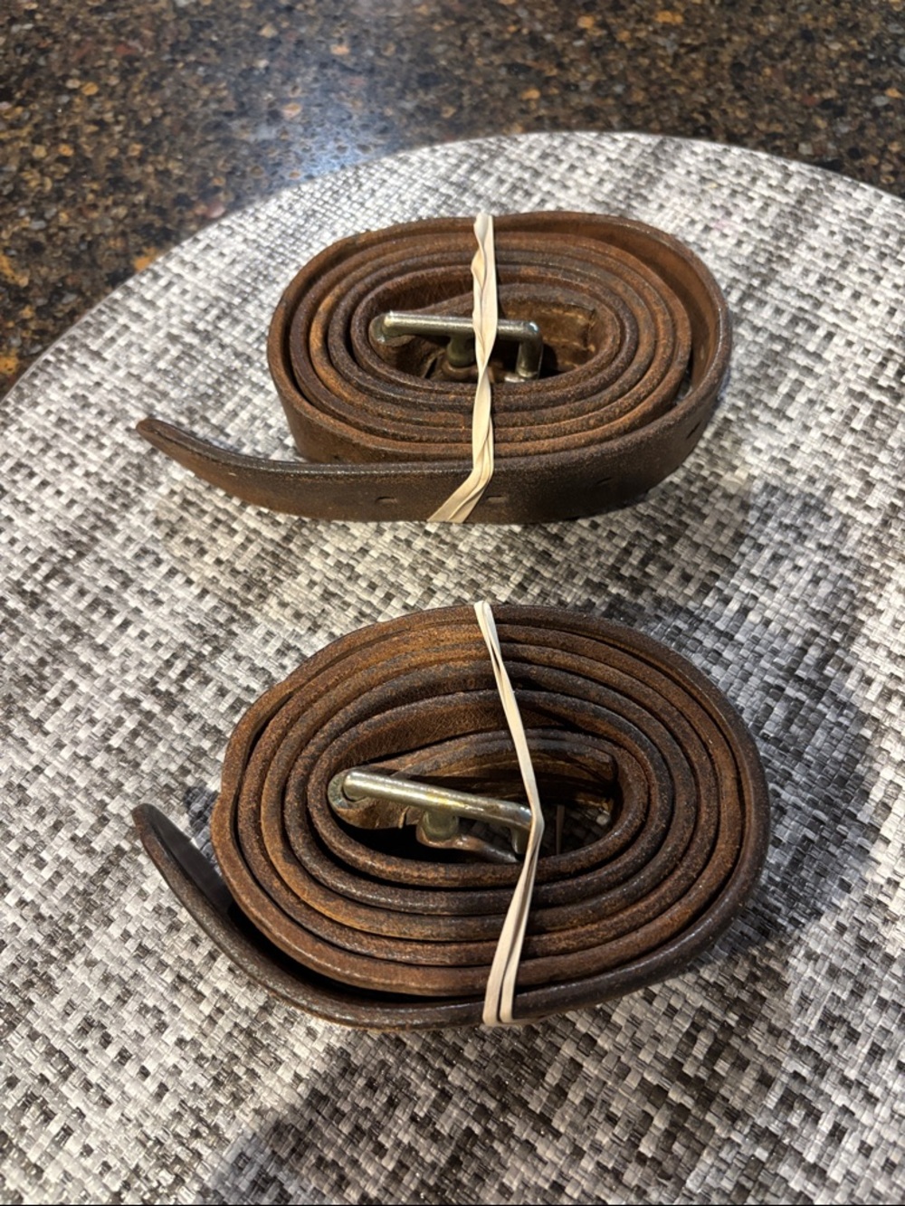 Vintage leather stirrup straps for English saddle.- Brown